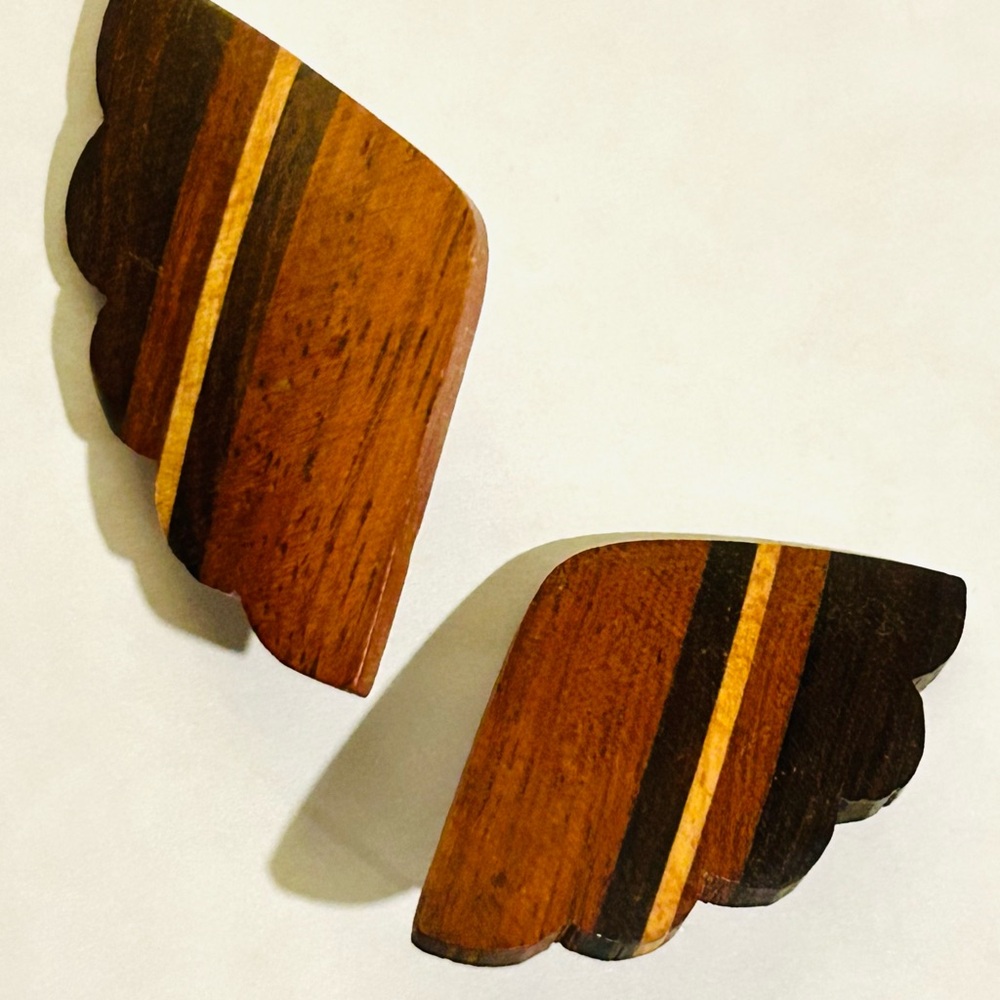 Wing-Shaped Wood Stud Earrings - Vintage Multi-Tone Wood Art Deco